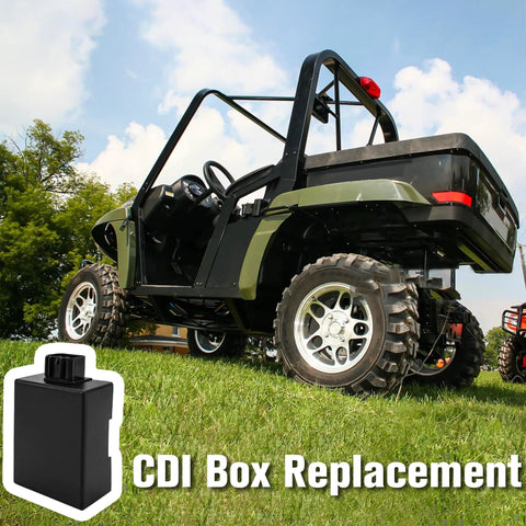 Premium Ignition CDI Module Box Fits 400 500 Series ATV Models 2004 To 2014 shown with ATV on grass
