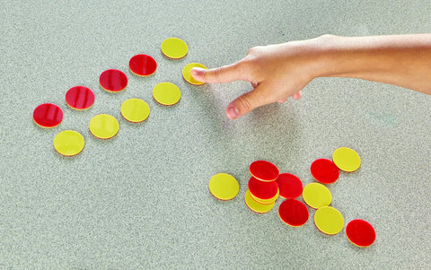 Straight Up Double Sided Counting Tiles For Kids, red and yellow plastic counters used for sorting and math games.