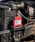 Badass Automatic Fire Extinguisher Stickers For Engine Bay, red aerosol extinguisher device mounted in engine compartment.