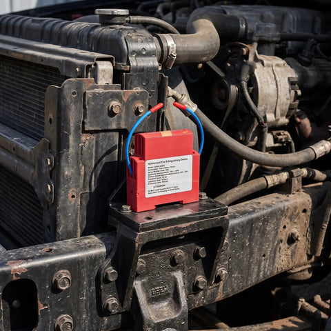 Badass Automatic Fire Extinguisher Stickers For Engine Bay, red aerosol extinguisher device mounted in engine compartment.