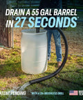 Heavy Duty Drill Powered Stick Water Transfer Pump Slams Through 160 GPM draining water from a 55-gallon barrel with hose.