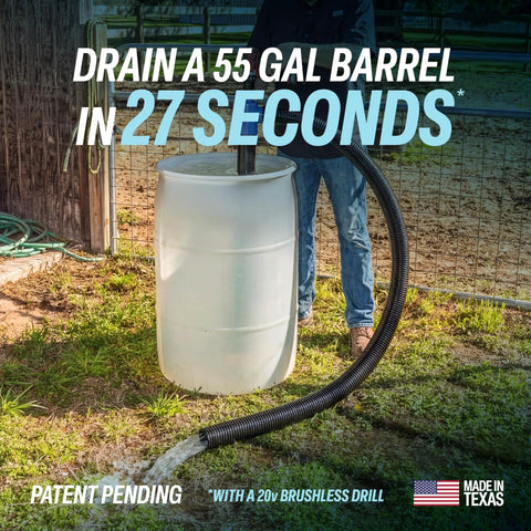 Heavy Duty Drill Powered Stick Water Transfer Pump Slams Through 160 GPM draining water from a 55-gallon barrel with hose.
