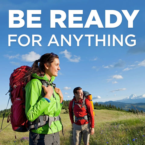 People hiking on a sunny day with backpacks, text overlay "BE READY FOR ANYTHING" promoting readiness and adventure.