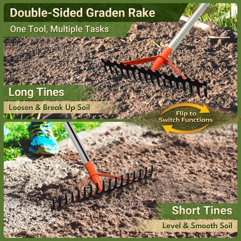 Heavy Duty Garden Rake With 17 Tempered Spring Steel Tines And 62 Inch Stainless Steel Adjustable Handle in use on soil
