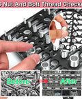 Front view of a metal bolt thread checker board with metric and standard size slots, wall-mountable