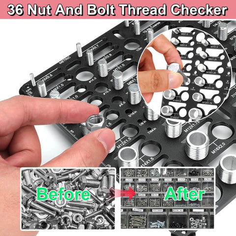 Front view of a metal bolt thread checker board with metric and standard size slots, wall-mountable