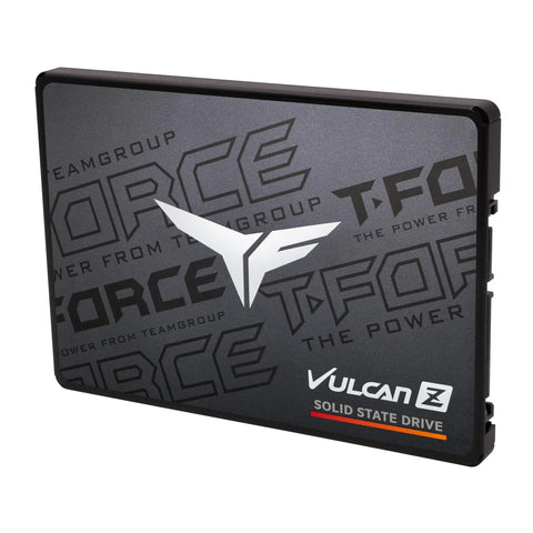 Vulcan Z 256GB 2.5 Inch SATA III SSD with SLC cache and 3D NAND, featuring sleek design for gaming desktops and laptops.