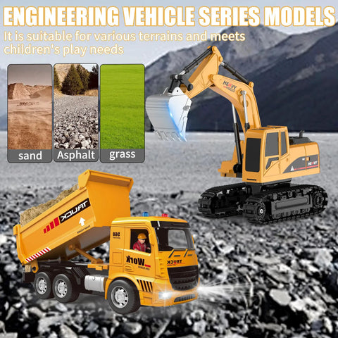 RC Construction Vehicle Set With Excavator And Dump Truck Includes Barricades Road Signs Simulated Rocks Lights And Sounds Kid Tested Dual Remote Controls A Fun Birthday Gift For Kids Ages 3 Through 12 Boys And Girls in outdoor terrain with mountains
