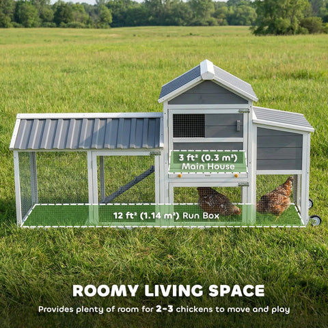 Portable Chicken Coop On Wheels With Run 80 Inch Long Wooden Hen House With Nesting Box Removable Tray And Ramp For Two To Three Hens Outdoor Poultry Cage In Gray Easy To Move