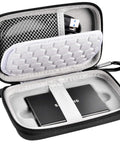Open black carrying case for T7 and T7 Touch SSD with cables and accessories, mesh pocket, elastic strap, travel organizer view.