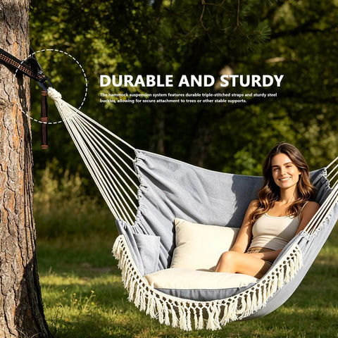Two Pack Hammock Straps With Carabiners, 13 Feet Total Length, 7 Adjustable Loops, woman in hammock attached to tree