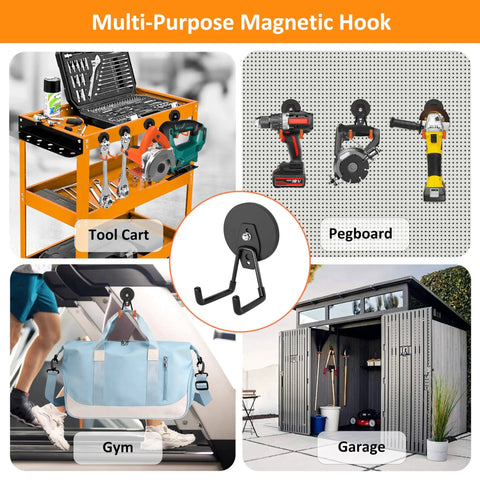 Heavy Duty Magnetic Hooks Set For Garage And Workshop, Hang Yard Tools, Cords, Hoses And Power Tools, 25 Lb Capacity, 2 Pack, Great For Indoor Outdoor Organization displayed in various settings including gym and garage