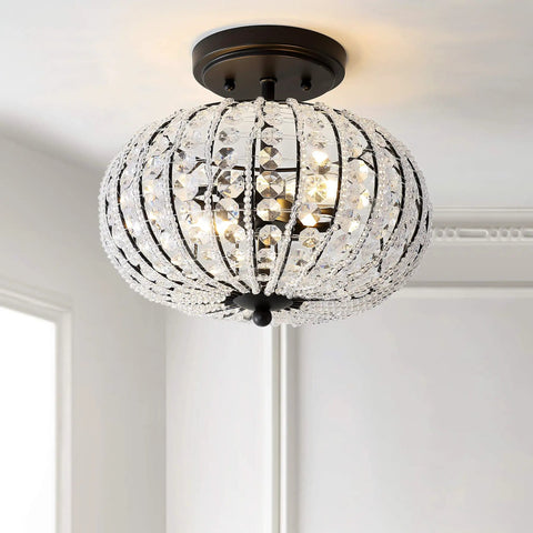 Oil Rubbed Bronze 11.7 Inch 2-Light Iron And Acrylic Crystal Semi-Flush Globe Ceiling Light For Bedroom And Hallway With Included LED Bulbs