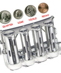 Four Barrel Chrome Steel Money Changer With Slotted Coin Barrels And Adjustable Hooks For Easy Access shown with coins.