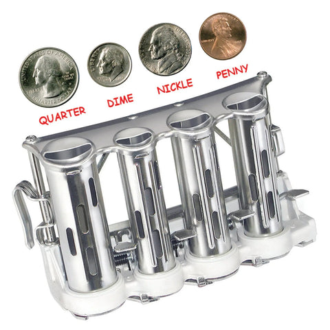 Four Barrel Chrome Steel Money Changer With Slotted Coin Barrels And Adjustable Hooks For Easy Access shown with coins.