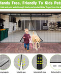Magnetic Heavy Duty Fiberglass Garage Door Screen For Two Car Garage 16x7 Ft with child and dog passing through hands-free entry.
