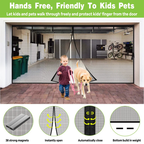 Magnetic Heavy Duty Fiberglass Garage Door Screen For Two Car Garage 16x7 Ft with child and dog passing through hands-free entry.