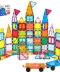 Colorful castle built with 134 Piece Magnetic Building Tiles Set For Kids, Durable STEM Toys With Strong Magnets.