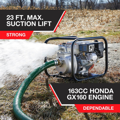 Heavy Duty 2 Inch Semi Trash Pump Moving 10010 Gph Fluid And 5/8 Inch Solids Built Like A Straight Up Beast With Durable Cast Iron Internals Multidirectional Outlet And A Strong 23 Foot Suction Lift For On Site Cleanup Tasks, showing 163CC Honda GX160 engine with water discharge.