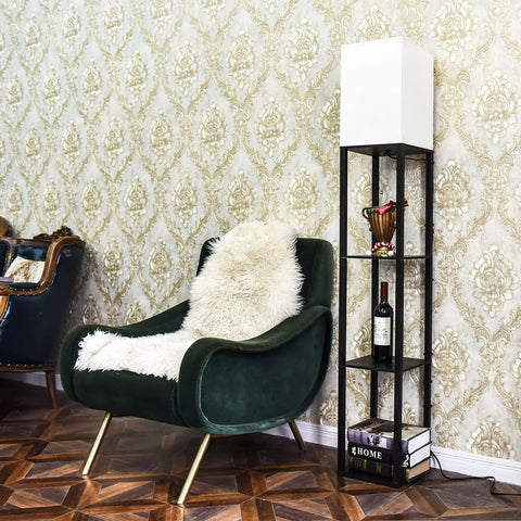 Solid Wood Floor Lamp With Built In Shelves, Modern Three Color Temperature Lighting, Linen Lampshade, Brown Finish, next to chair.