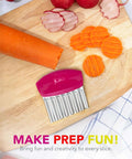 Joie crinkle cutter knife with pink handle and stainless steel ribbed blade for making wavy carrot slices