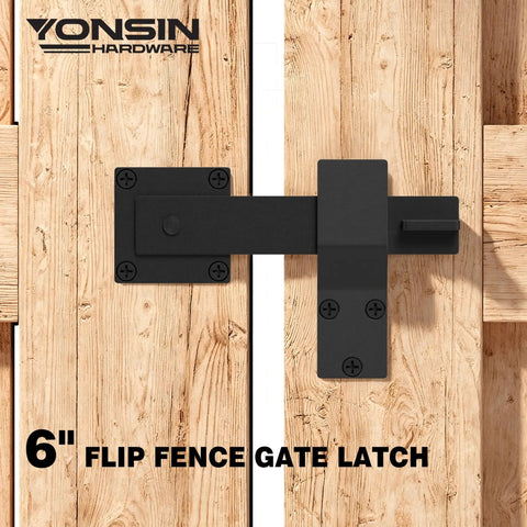 Tough As Nails 6 Inch Gate Flip Latch With Smooth 360 Degree Rotation For Barn Doors Fences And Sheds Heavy Duty Iron Construction Weather Resistant Matte Black Finish 2 Pack mounted on wood.