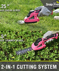Slick Cordless Hedge Trimmer And Grass Shears 2 In 1 Lightweight Electric Bush Tool With Rechargeable Battery And Type C Charging Cable For Easy Peasy Trimming No Sweat Garden Cleanup Kit Pink showing 3.25" grass shear and 5.5" hedge trimmer blades.