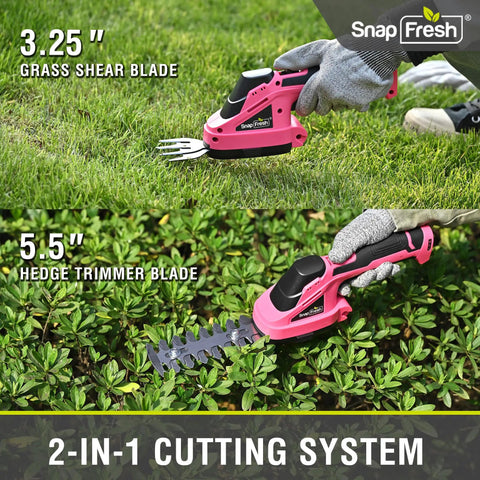 Slick Cordless Hedge Trimmer And Grass Shears 2 In 1 Lightweight Electric Bush Tool With Rechargeable Battery And Type C Charging Cable For Easy Peasy Trimming No Sweat Garden Cleanup Kit Pink showing 3.25" grass shear and 5.5" hedge trimmer blades.