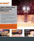 NordWolf 10-piece rotary burr wood carving milling set packaging with logo and drill chuck close-up