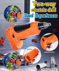 Close-up of an orange electric drill used in the Engine Building Kit For Kids Mechanic Toys Motorcycle Engine Model With Real Light And Music, Stem Learning Toy For Boys 3 And Up Blue Edition, 42 Part Assembly Kit With Drill, Screwdriver, Keys And Start Sound, showing drill with interchangeable heads and battery compartment open, on a shiny surface, highlighting tool features, designed for educational play.
