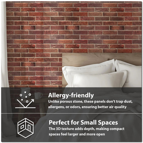 3D Faux Brick Wall Panels Set Of 10 In Red PVC installed behind a bed, showing realistic stone texture and waterproof durability.