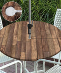 Round Outdoor Tablecloth With Umbrella Hole And Zippered Fitted Elastic Edge Wood Grain Look For Picnic Party And Patio Fits 44 To 48 Inch Round Tables Waterproof Oil And Scratches Resistant shown on patio
