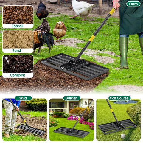 Heavy Duty Leveling Rake For Lawns And Gardens With Five Foot Adjustable Handle shown on soil and grass varieties