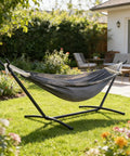 Free Standing Hammock With Stand Built For Tough Use 550 Lb Capacity Anti Flip Curved Spreader Bars Premium Cotton Portable Hammock in garden