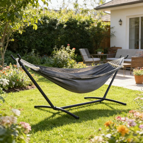 Free Standing Hammock With Stand Built For Tough Use 550 Lb Capacity Anti Flip Curved Spreader Bars Premium Cotton Portable Hammock in garden