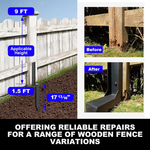 Fence Post Repair Kit With Beefy Steel Anchors And Stakes For Broken Or Leaning 4x4 And 6x6 Wood Posts 11 Gauge Thickened One Piece Design 6 Pack with dimensions showing installation height and comparison of post before and after repair.