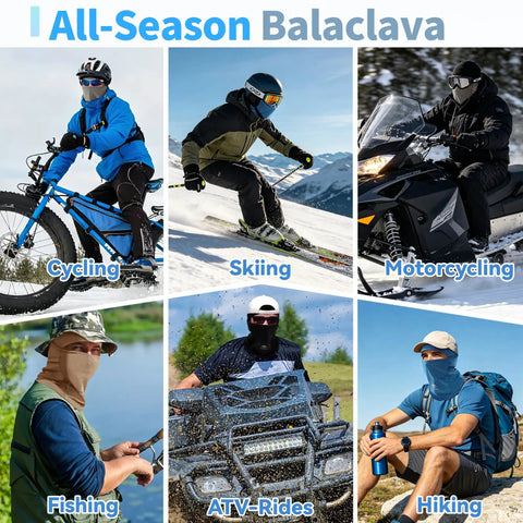 Image of people using Balaclava Ski Mask With UPF 30 Plus Sun Protection for cycling, skiing, motorcycling, fishing, ATV riding, and hiking.