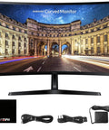 Front view of 27 Inch Curved Monitor With 1080p FHD Display, 100Hz Refresh Rate, 4ms Response, 1800R Curvature, and accessories.