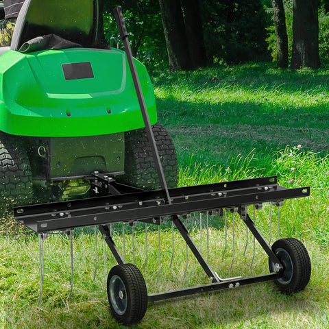 Tow Behind Dethatcher Powerful 40 Inch With 20 Spring Steel Tines Lift Handle for ATV and mower tractors in use