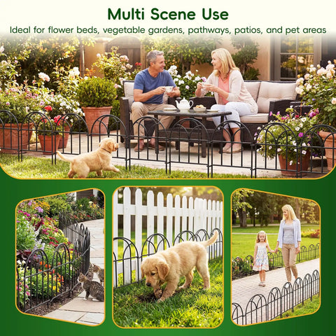19 Pack Garden Fence Panels For Easy Install, 20.58 Feet Of Metal Fence For Yard Borders shown in garden setting with pets
