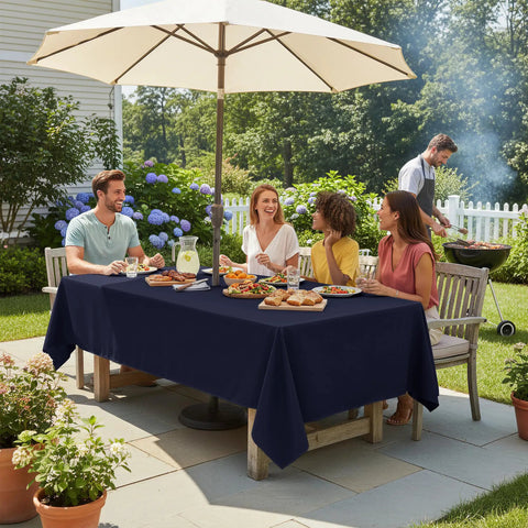 Outdoor Table Cover With Umbrella Hole And Zipper 60x84 Inch Navy Low Maintenance Washable Waterproof Spill Proof Wrinkle Free Tablecloth For Patio Porch Spring Summer Bbqs Picnics shown on patio table with people dining