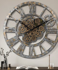 Steampunk Wall Clock With Moving Bronze Gears And Rustic Wooden Frame Perfect For Farmhouse Decor Straight Up Stuns With Serious Vintage Charm For Your Living Room Space Battery Powered Smooth Silent Operation Guaranteed, 23-inch diameter, bronze gears.