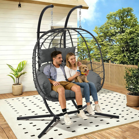 Two Person Foldable Hanging Egg Chair With Stand For Indoor Outdoor Use Wicker Porch Swing Chair Heavy Duty Rattan Hammock