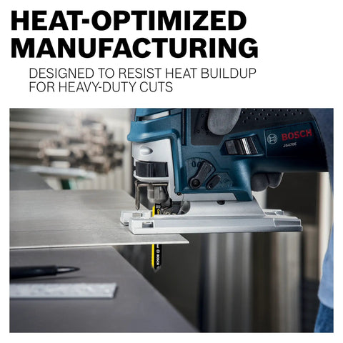Close-up of jigsaw cutting metal, illustrating heat-optimized manufacturing for heavy-duty cuts with Bosch power tool.