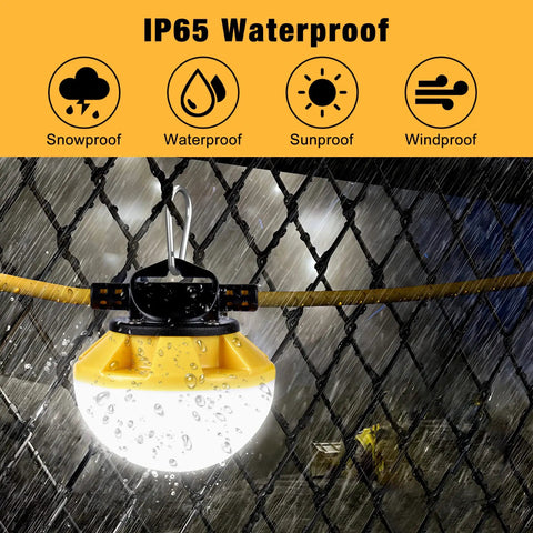 100Ft LED Construction String Lights IP65 Waterproof ETL Certified Daylight 5000K bulb shown in rain, highlighting waterproof features.
