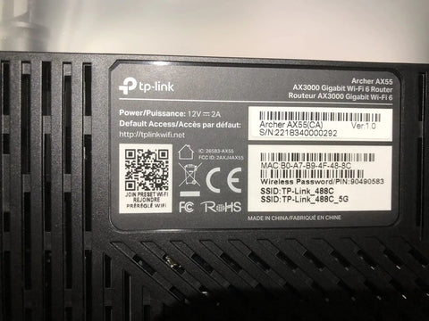 Label of Dual Band AX3000 WiFi 6 Router Archer AX55 with technical specifications and QR code.