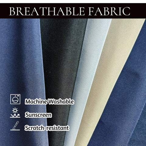Breathable fabric texture in assorted colors including Navy for Navy Blue Canopy Replacement Fabric For Outdoor Patio Swing 78x44 Inches, Fits 2 To 3 Person Swing, Replacement Top Cover Only No Frame Needed, Fabric Material, Easy Install, Durable Outdoor Swing Canopy; features icons for machine washable, sunscreen, scratch-resistant properties.