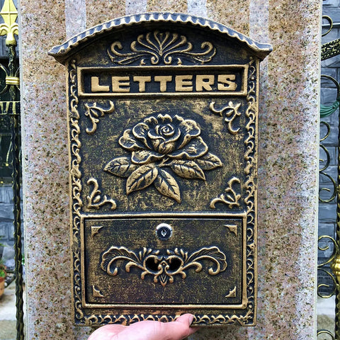 Vintage Wall Mounted Mailbox With Lock Cast Aluminum Outdoor Letter Box, ornate rose design, bronze finish, visible lock