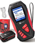 Front view of Karvinger Optical Power Meter, 4‑in‑1 fiber optic tool with VFL and RJ45 tester; red buttons, USB cable, case