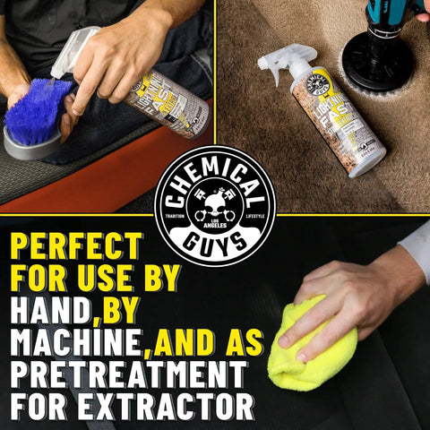 Hands using Lightning Fast Carpet And Upholstery Stain Extractor 16 Oz on fabric and carpet surface for cleaning.